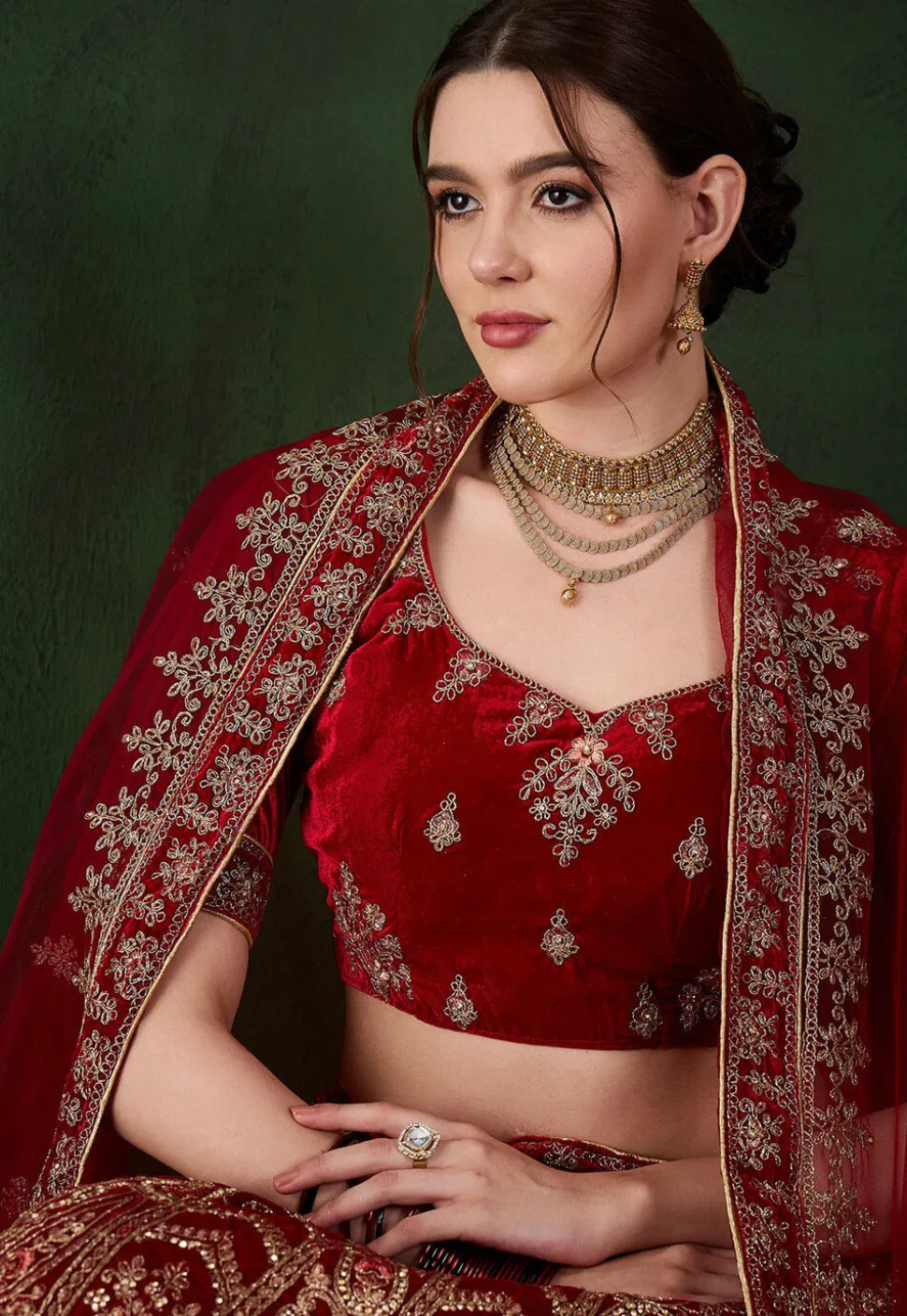 Embroidered Velvet Lehenga in Maroon
