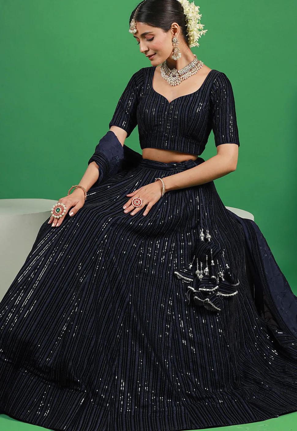 Embroidered Velvet Lehenga in Navy Blue