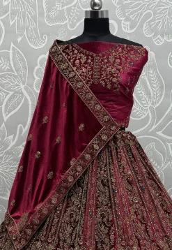 Embroidered Velvet Lehenga in Fuchsia