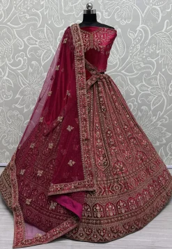 Embroidered Velvet Lehenga in Fuchsia
