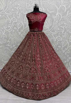 Embroidered Velvet Lehenga in Fuchsia