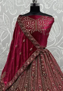 Embroidered Velvet Lehenga in Fuchsia