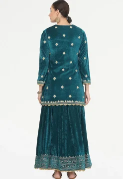 Embroidered Velvet Lehenga in Teal Blue