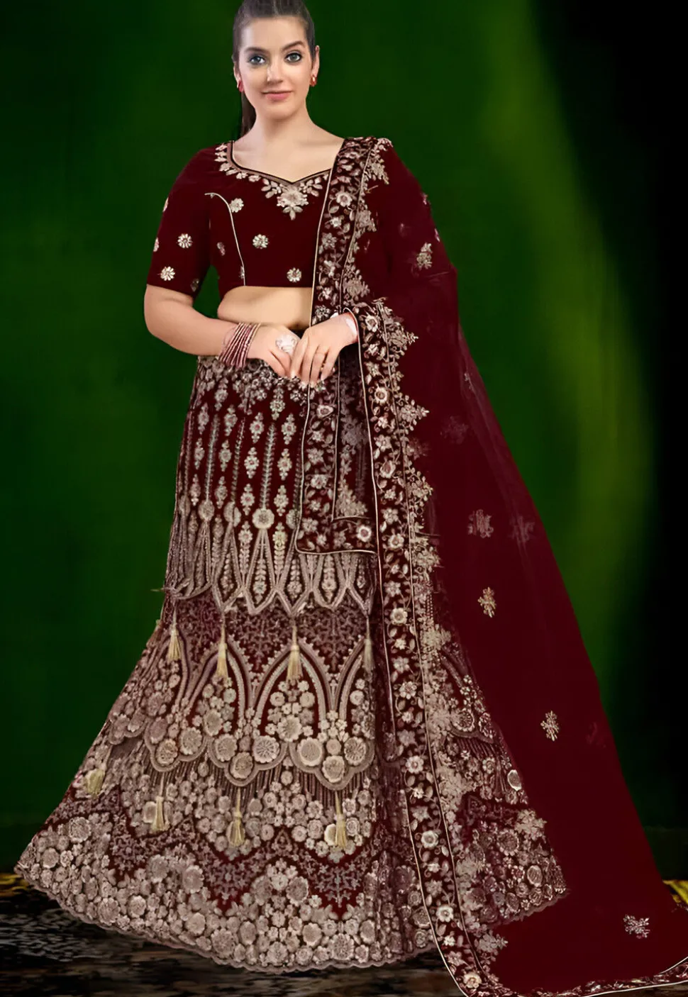 Embroidered Velvet Lehenga in Maroon