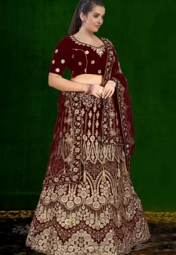 Embroidered Velvet Lehenga in Maroon