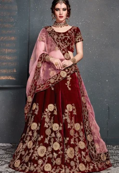 Embroidered Velvet Lehenga in Maroon