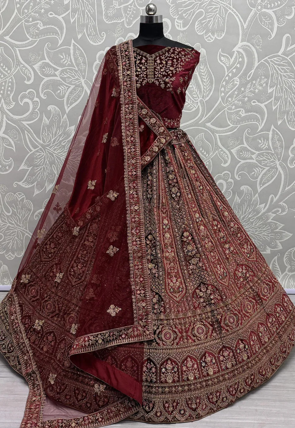 Embroidered Velvet Lehenga in Maroon