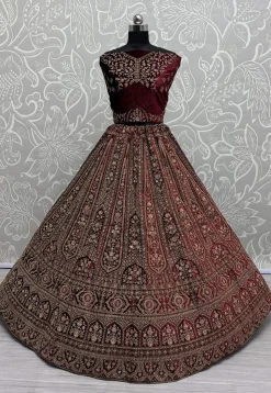 Embroidered Velvet Lehenga in Maroon