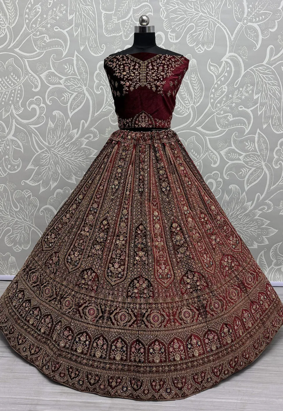 Embroidered Velvet Lehenga in Maroon