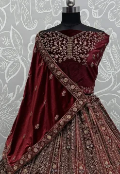 Embroidered Velvet Lehenga in Maroon