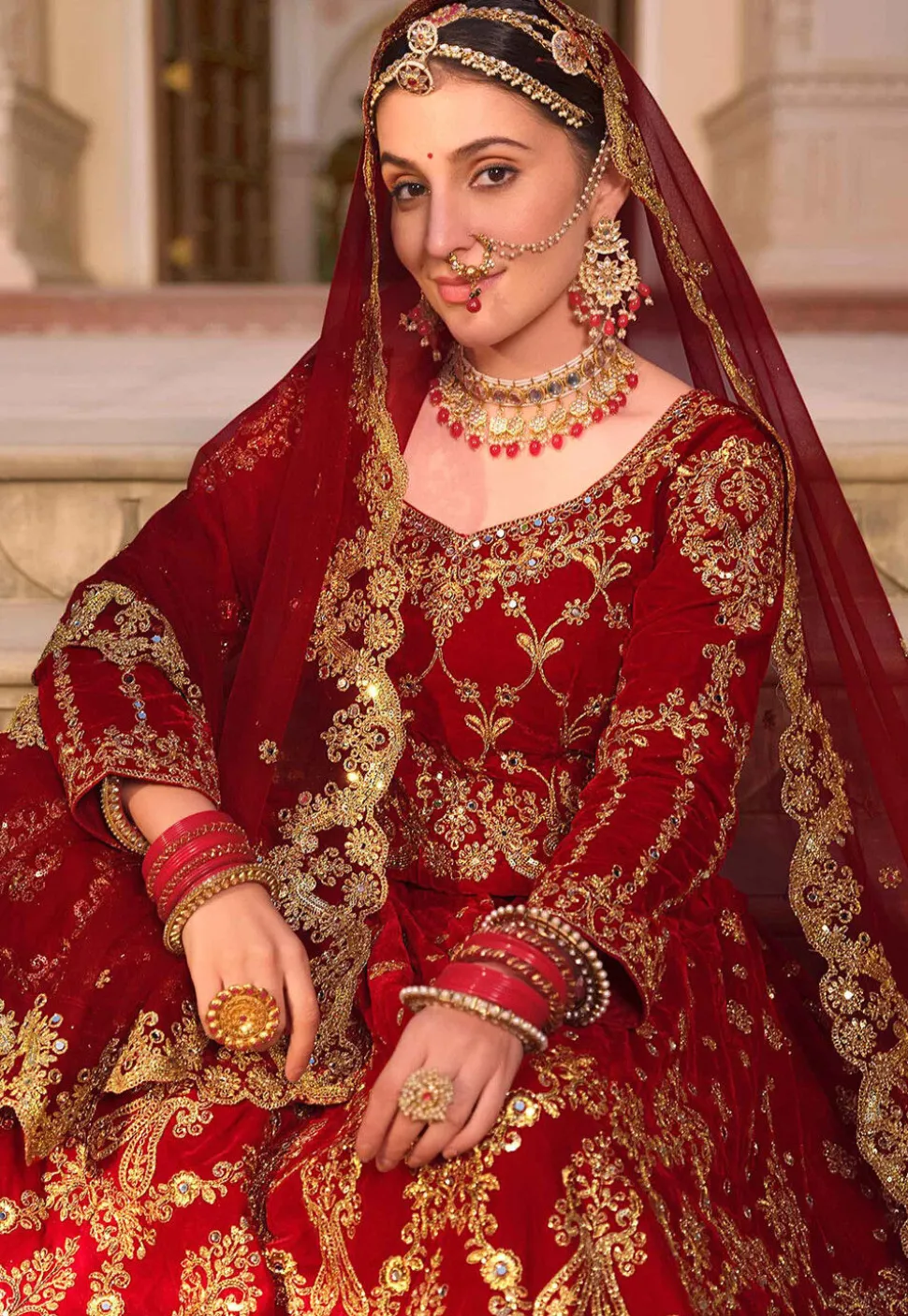 Embroidered Velvet Lehenga in Maroon