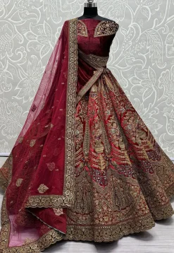 Embroidered Velvet Lehenga in Maroon