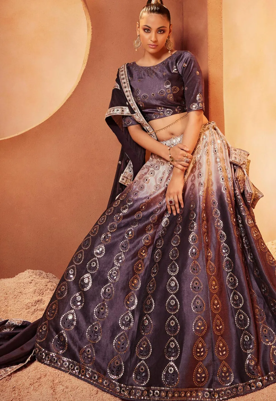 Embroidered Velvet Lehenga in Shaded Purple