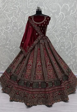 Embroidered Velvet Lehenga in Maroon