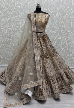 Embroidered Velvet Lehenga in Beige