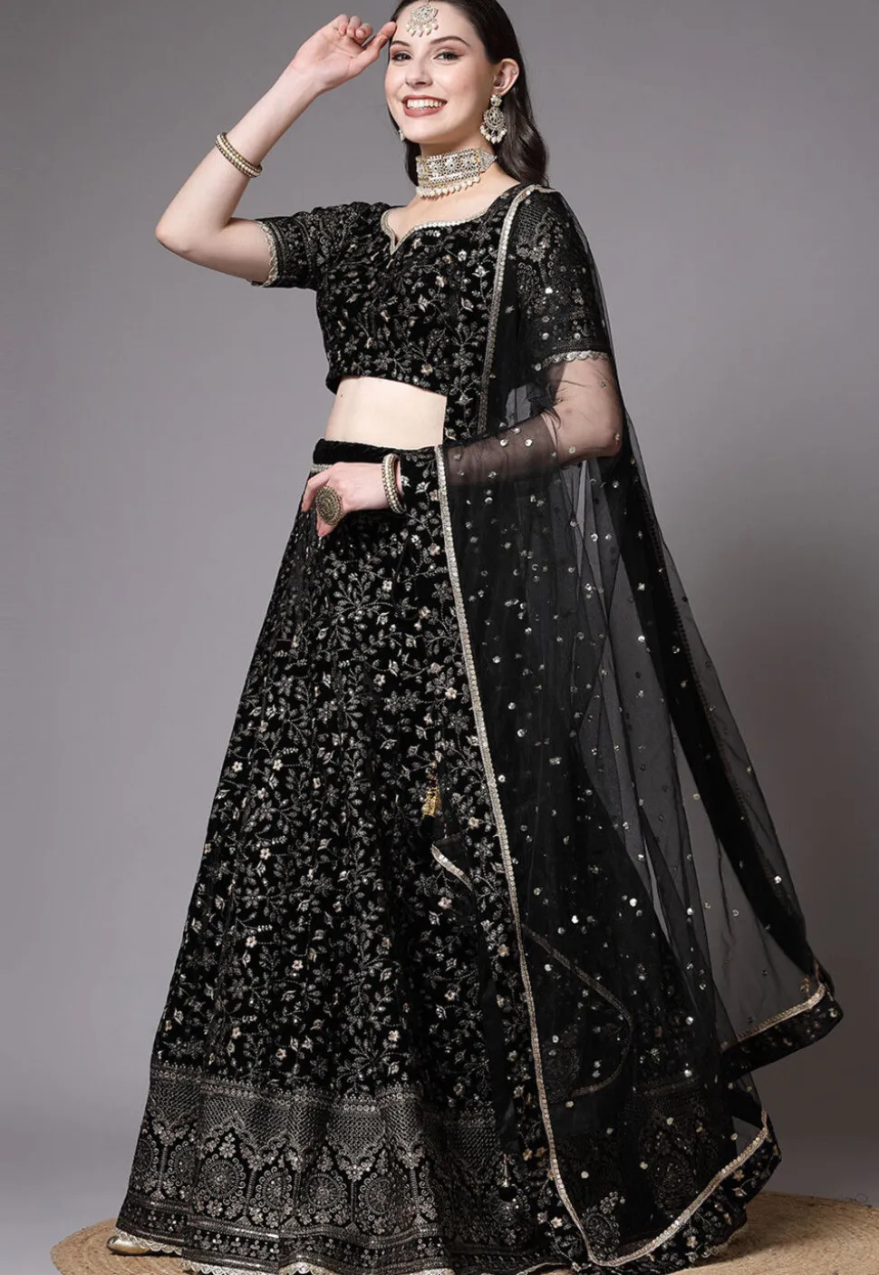 Embroidered Velvet Lehenga In Black