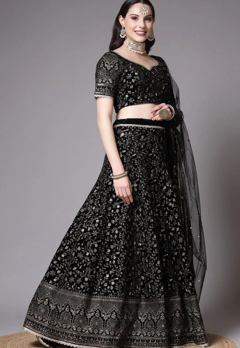 Embroidered Velvet Lehenga In Black