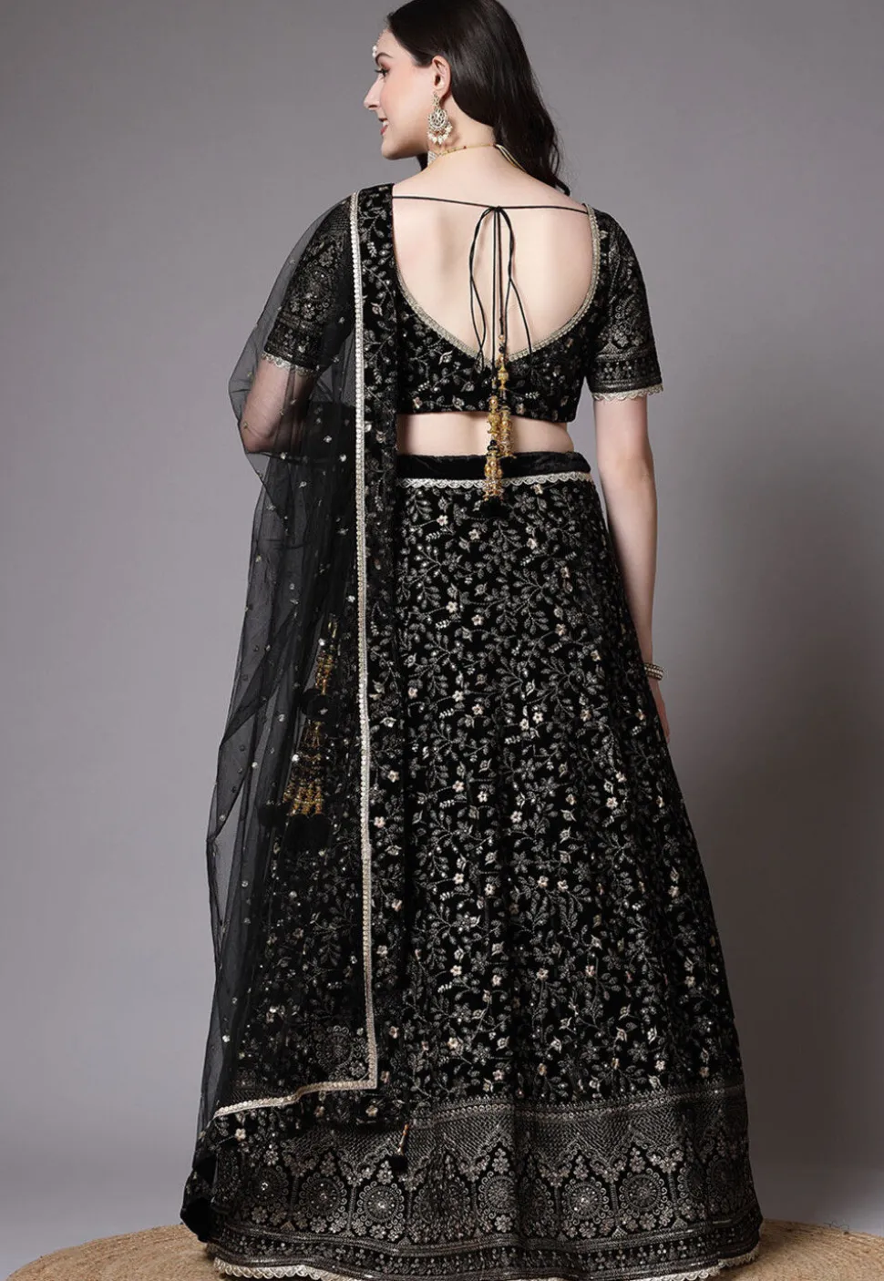 Embroidered Velvet Lehenga In Black