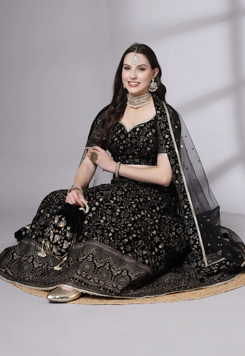Embroidered Velvet Lehenga In Black