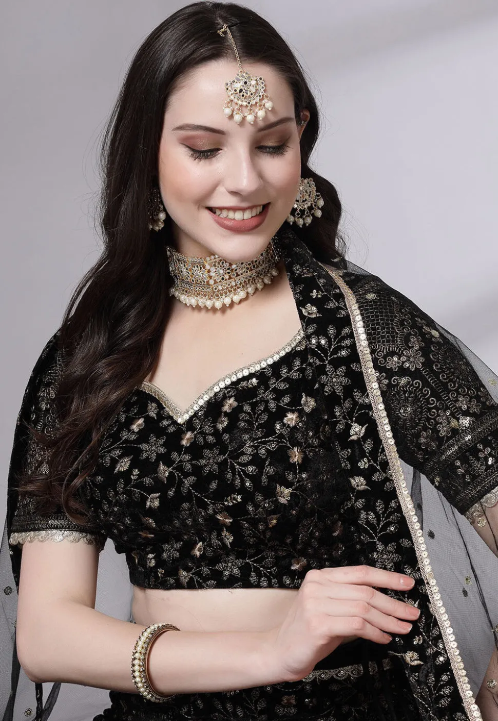 Embroidered Velvet Lehenga In Black