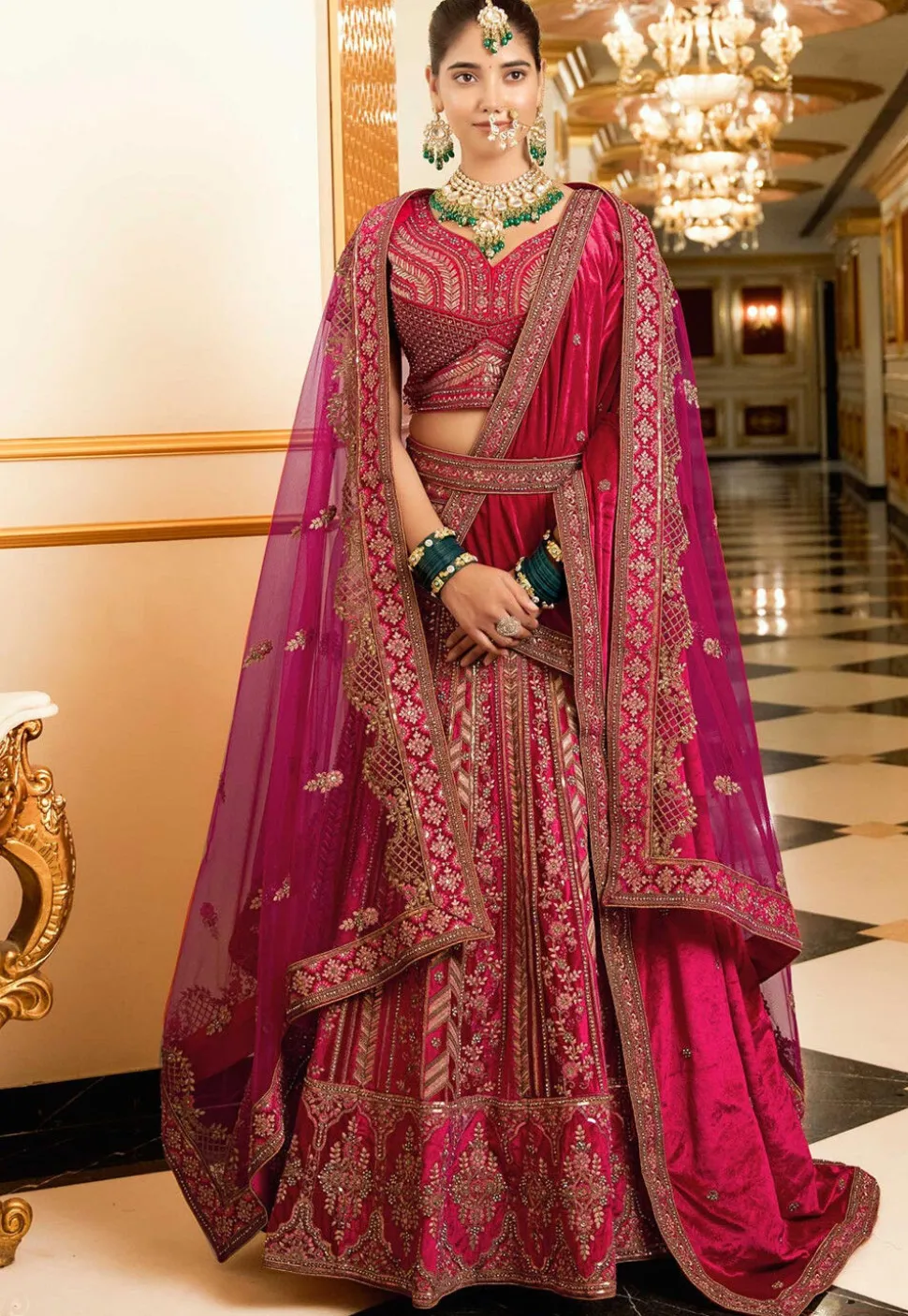 Embroidered Velvet Lehenga Pink
