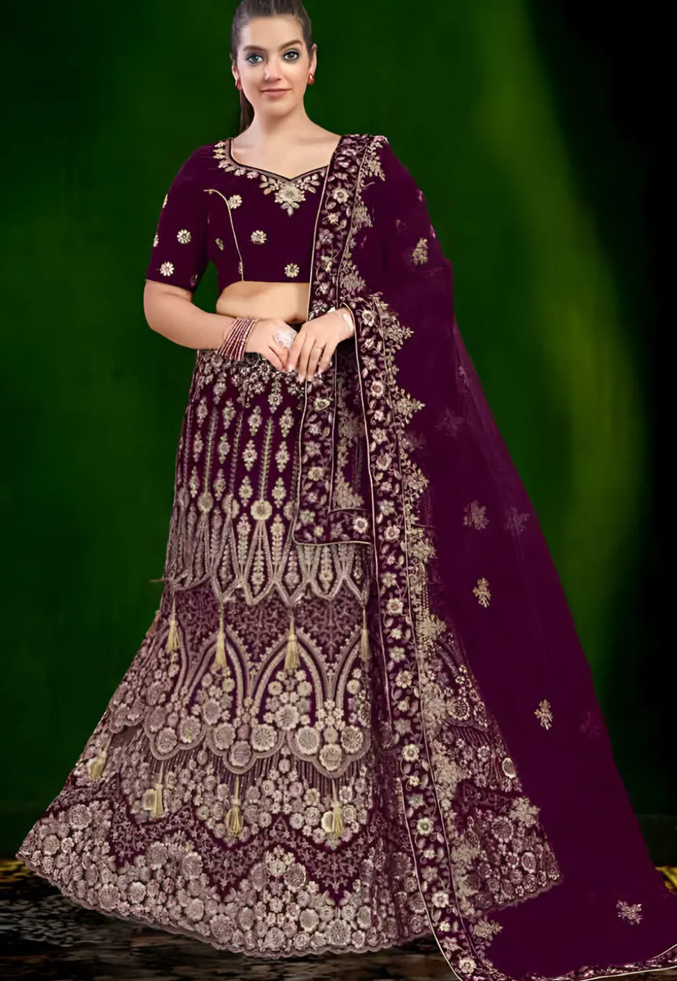 Embroidered Velvet Lehenga in Purple