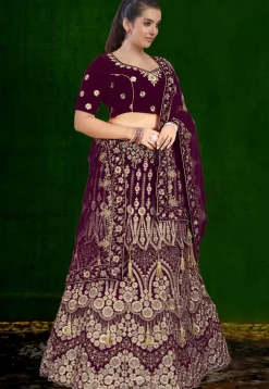 Embroidered Velvet Lehenga in Purple