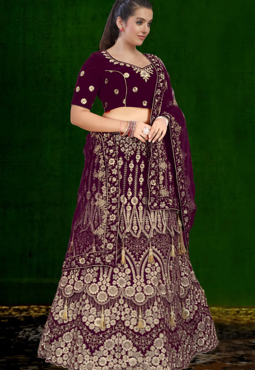 Embroidered Velvet Lehenga in Purple