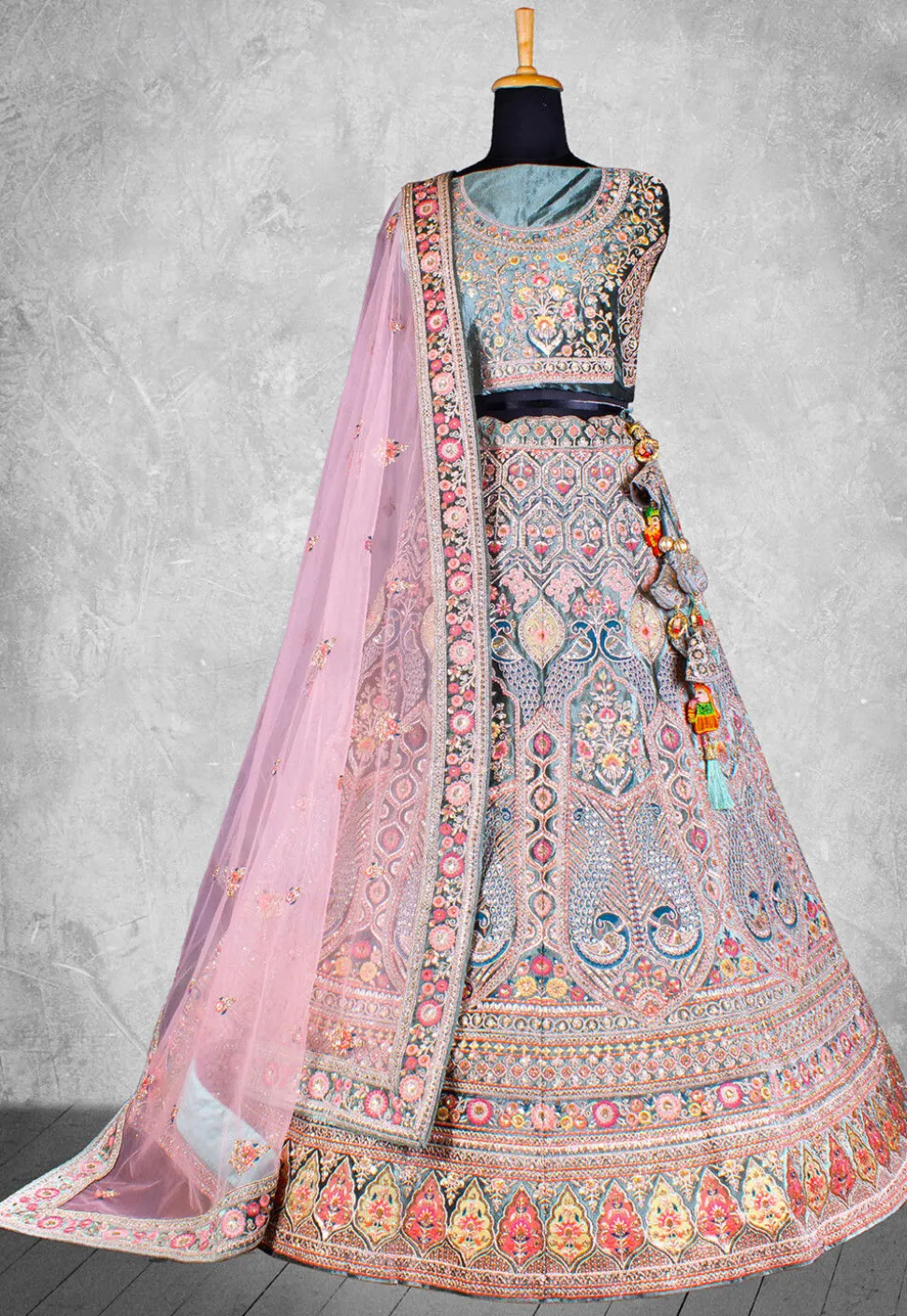 Embroidered Velvet Lehenga in Dusty Blue