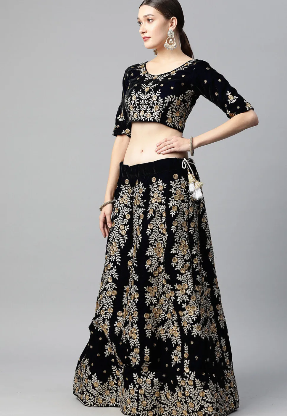 Embroidered Velvet Lehenga in Navy Blue
