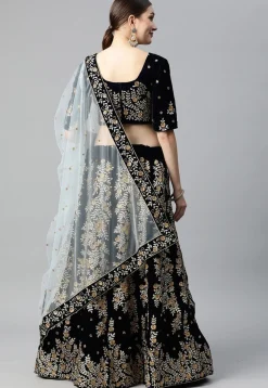 Embroidered Velvet Lehenga in Navy Blue