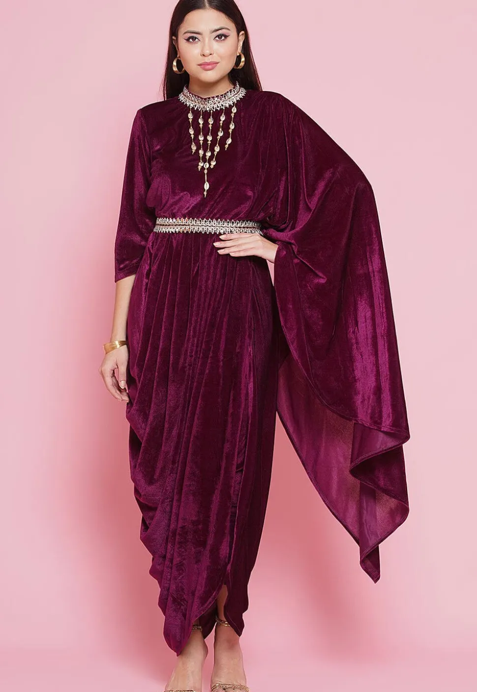 Embroidered Velvet Long Kurta Set in Wine