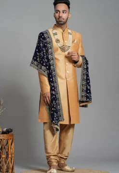 Embroidered Velvet Men Dupatta in Navy Blue