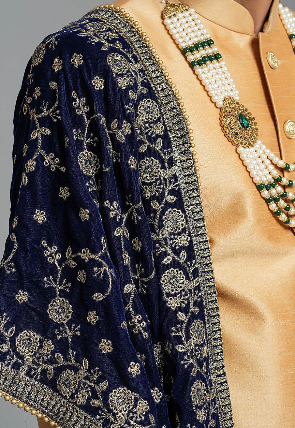 Embroidered Velvet Men Dupatta in Navy Blue