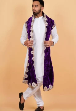 Embroidered Velvet Men Dupatta in Dark Purple