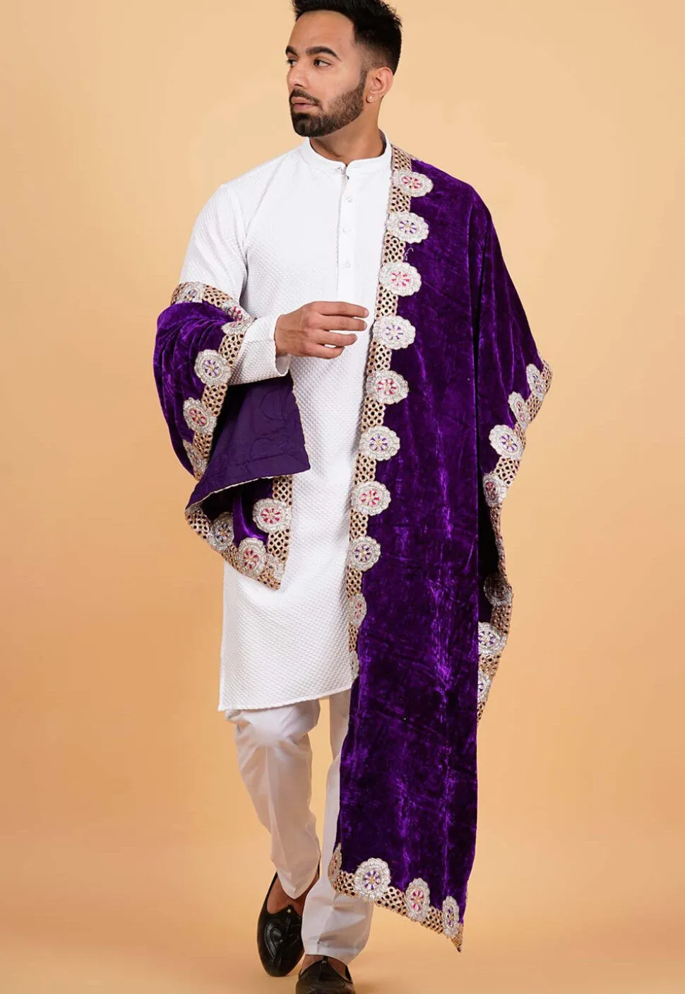 Embroidered Velvet Men Dupatta in Dark Purple