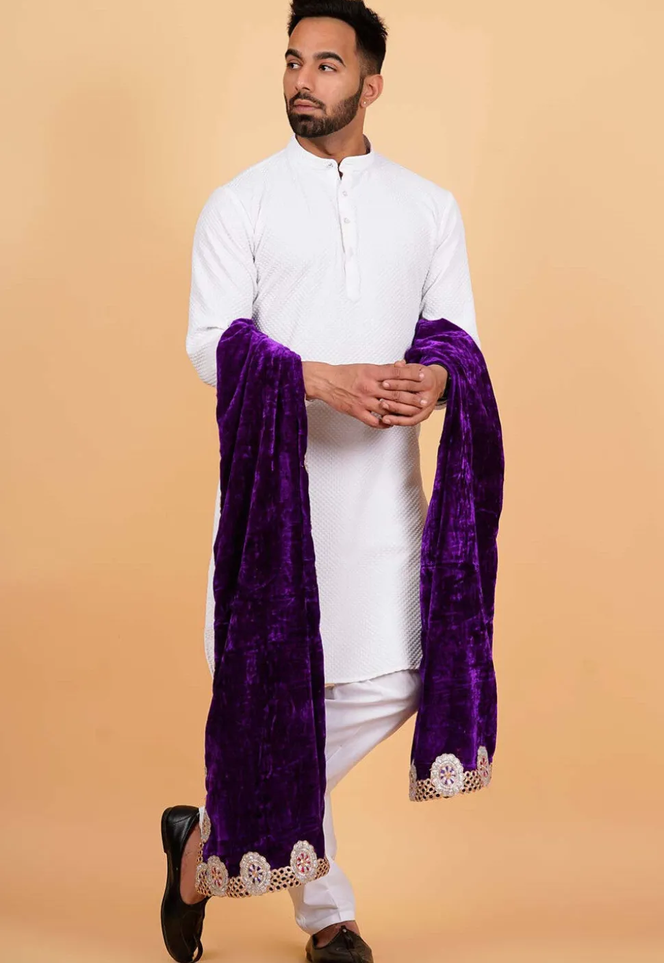 Embroidered Velvet Men Dupatta in Dark Purple