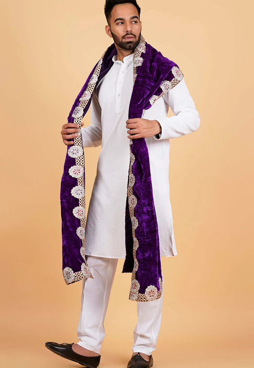 Embroidered Velvet Men Dupatta in Dark Purple