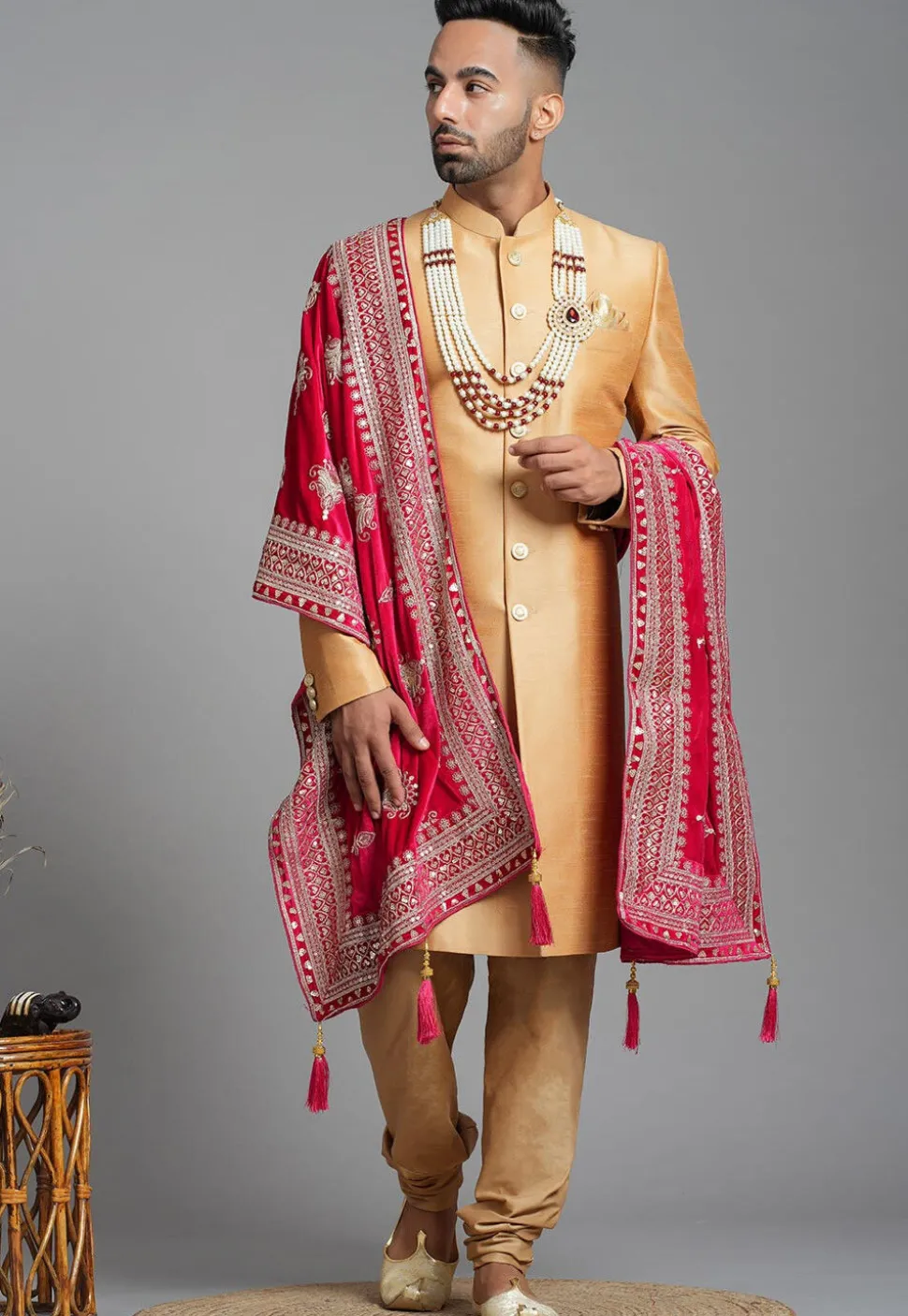 Embroidered Velvet Men Dupatta in Pink