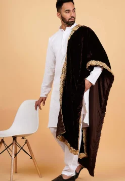 Embroidered Velvet Men Dupatta in Dark Brown