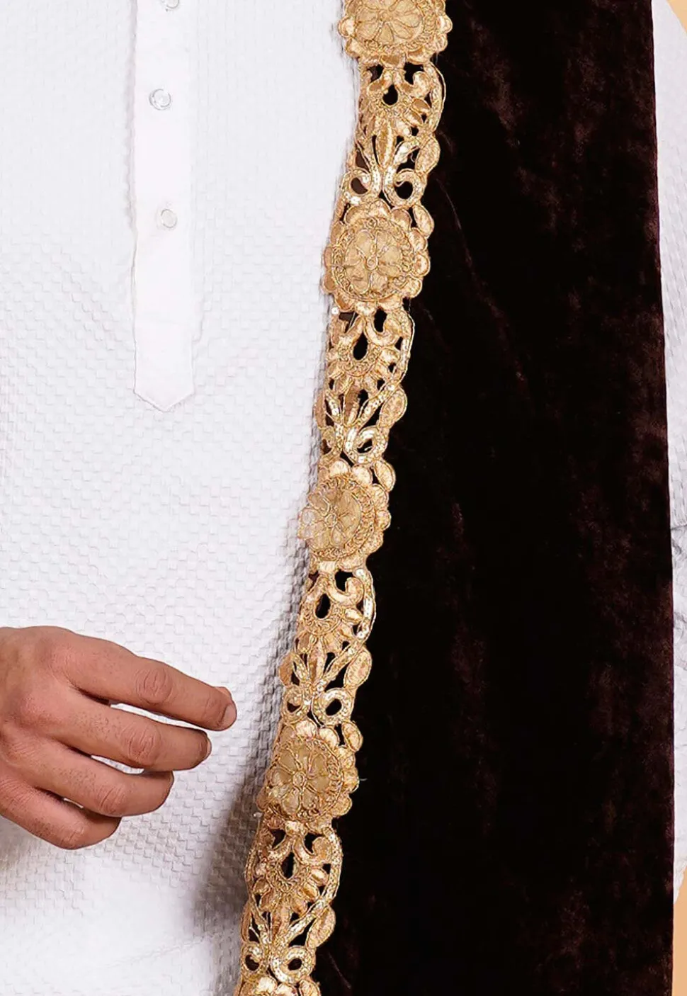 Embroidered Velvet Men Dupatta in Dark Brown