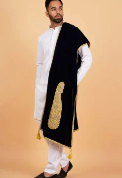 Embroidered Velvet Men Dupatta in Navy Blue