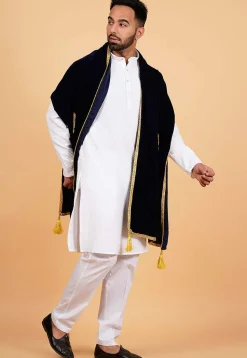 Embroidered Velvet Men Dupatta in Navy Blue