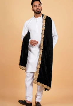 Embroidered Velvet Mens Dupatta in Black