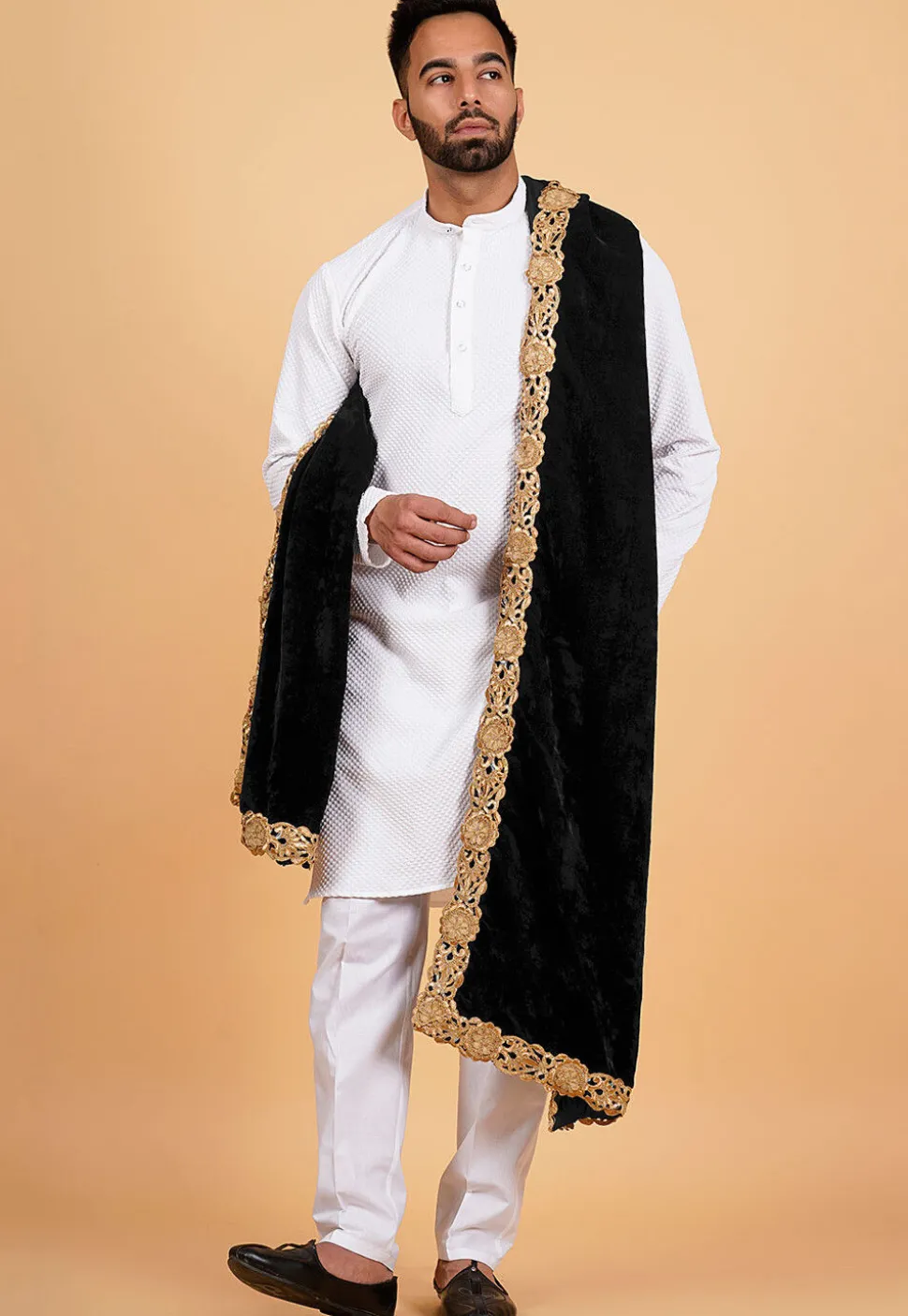 Embroidered Velvet Mens Dupatta in Black