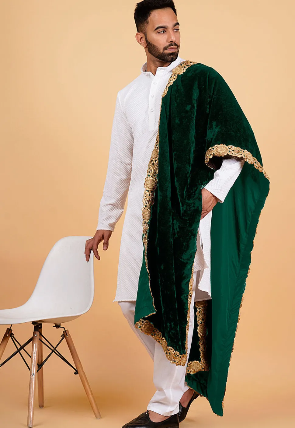 Embroidered Velvet Mens Dupatta in Dark Green
