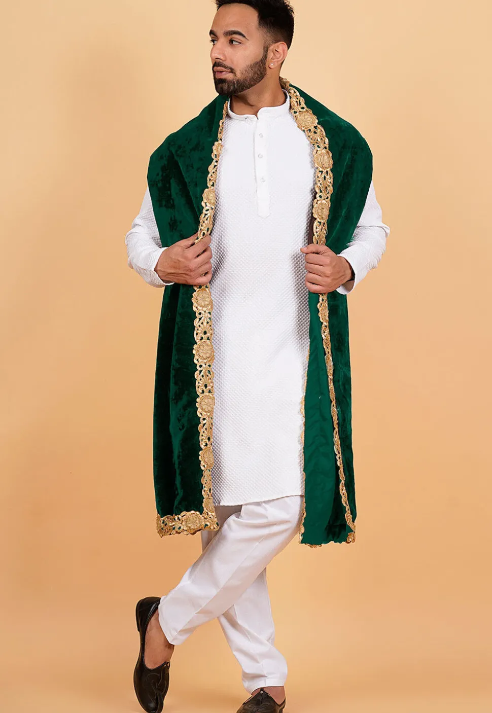 Embroidered Velvet Mens Dupatta in Dark Green