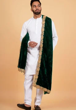Embroidered Velvet Mens Dupatta in Dark Green