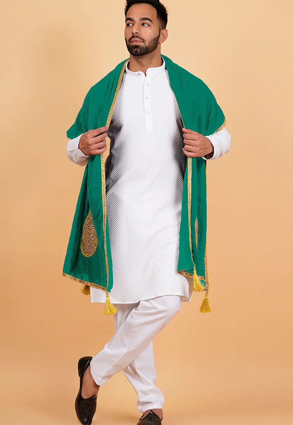 Embroidered Velvet Mens Dupatta in Teal Green