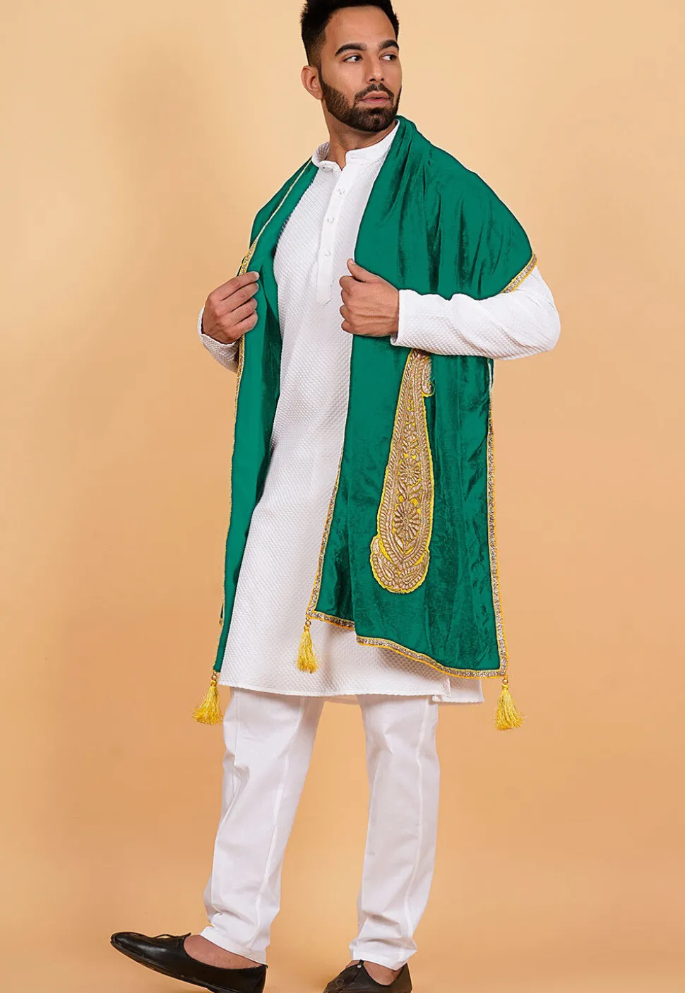 Embroidered Velvet Mens Dupatta in Teal Green